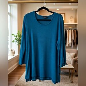 Fortune + Ivy Teal 3/4 Sleeve Top XL | Ruched Sleeve | Hi-Low Hem | Soft Stretch